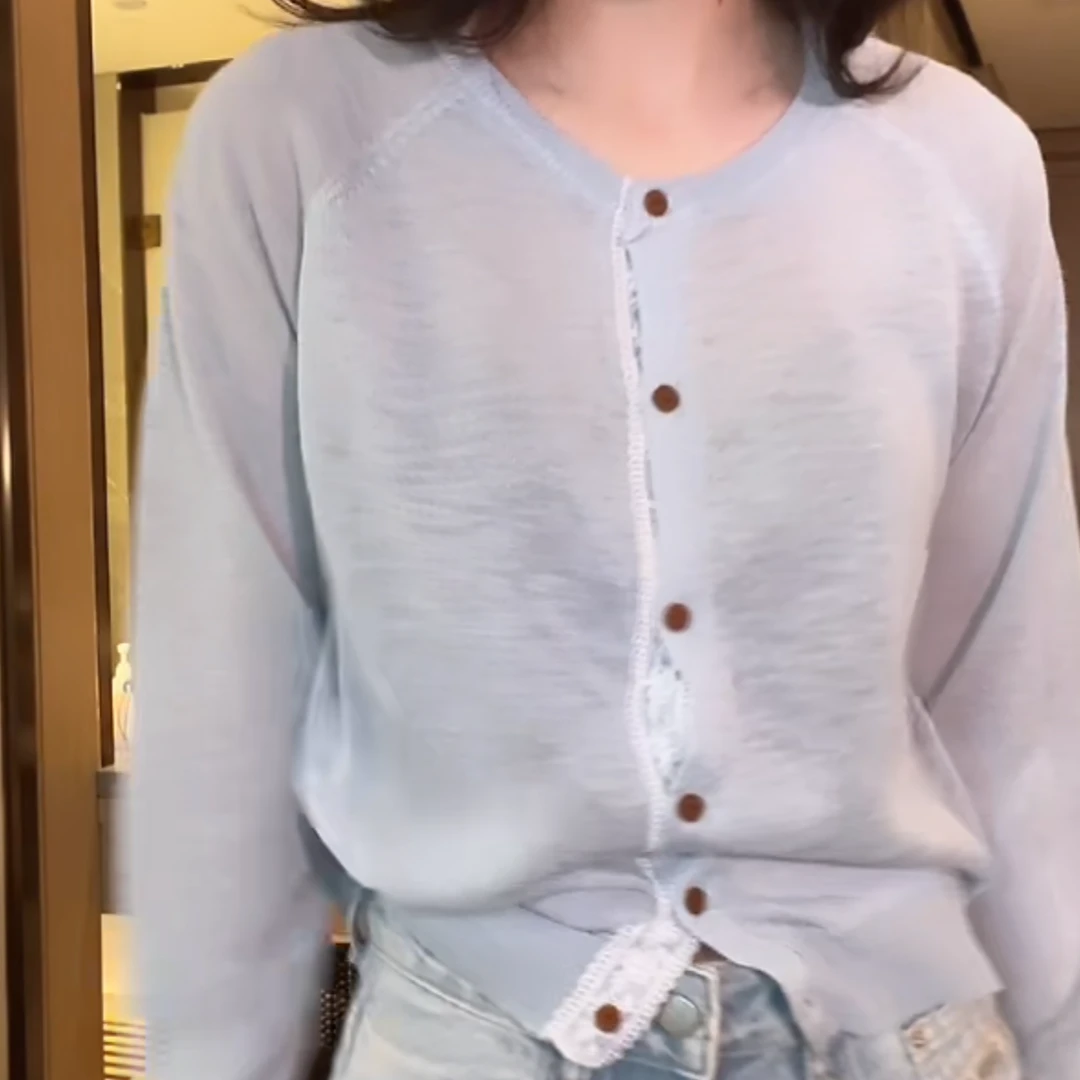 欧若风蕾丝边拼接针织开衫2025新款春夏圆领长袖轻薄防晒外套女