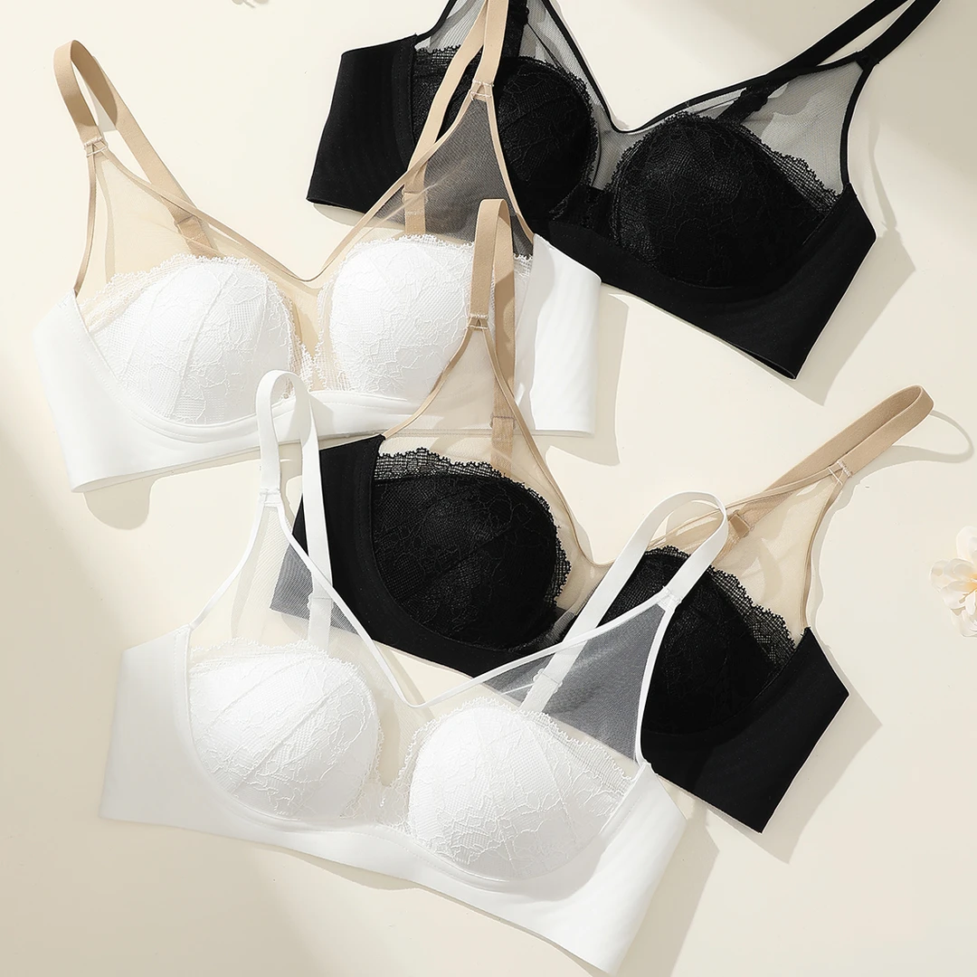 【法式蕾丝网纱内衣】性感撞色无痕舒适透气轻薄美背文胸-3366