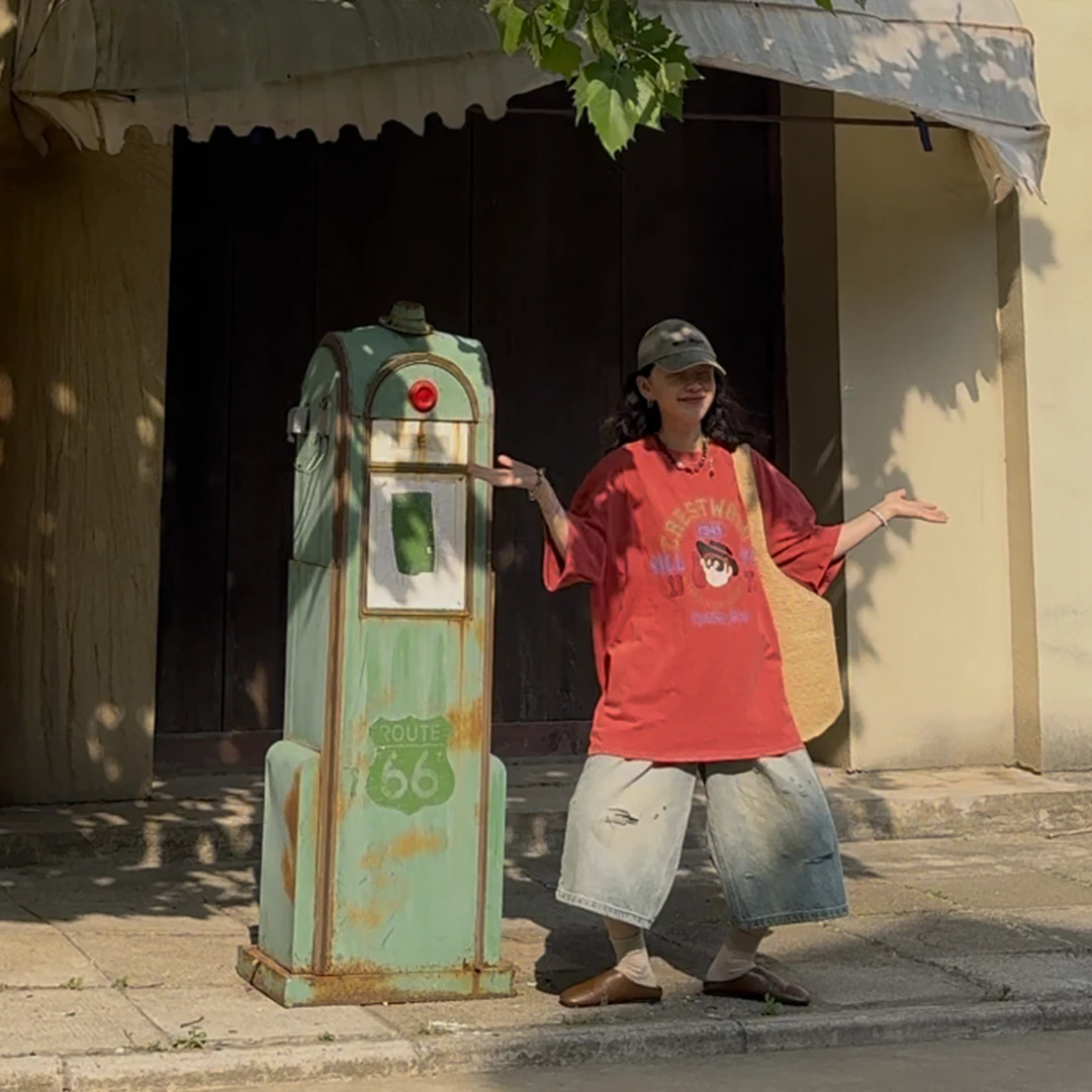 橘子罐头卫卫新款百搭显白休闲美式复古宽松印花圆领夏季T恤