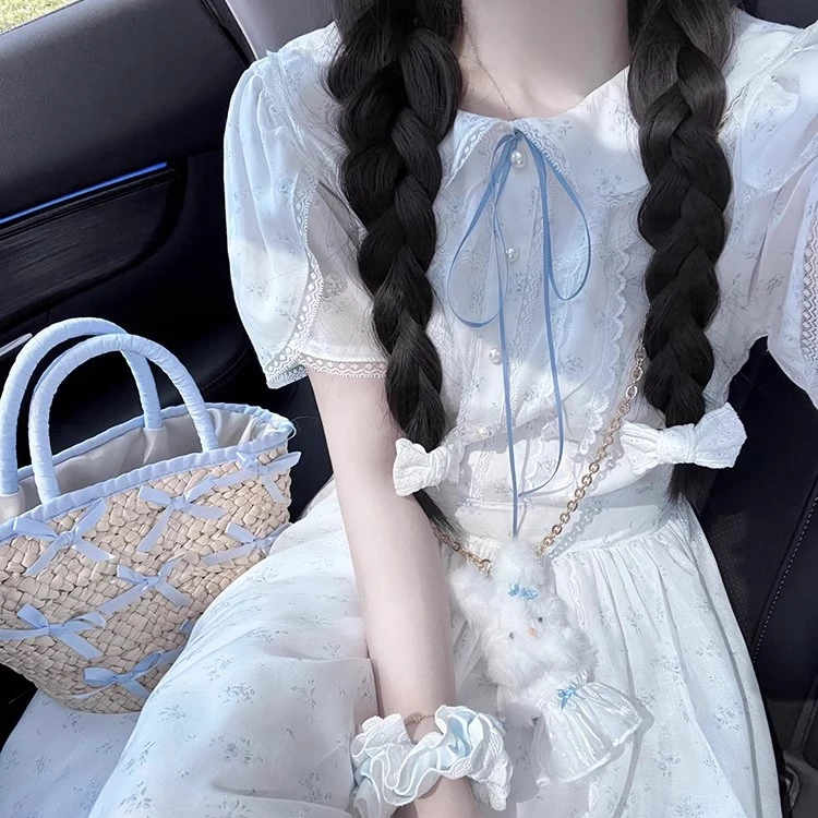 法式甜美娃娃领碎花连衣裙女夏季收腰小个子初恋设计感超好看裙子