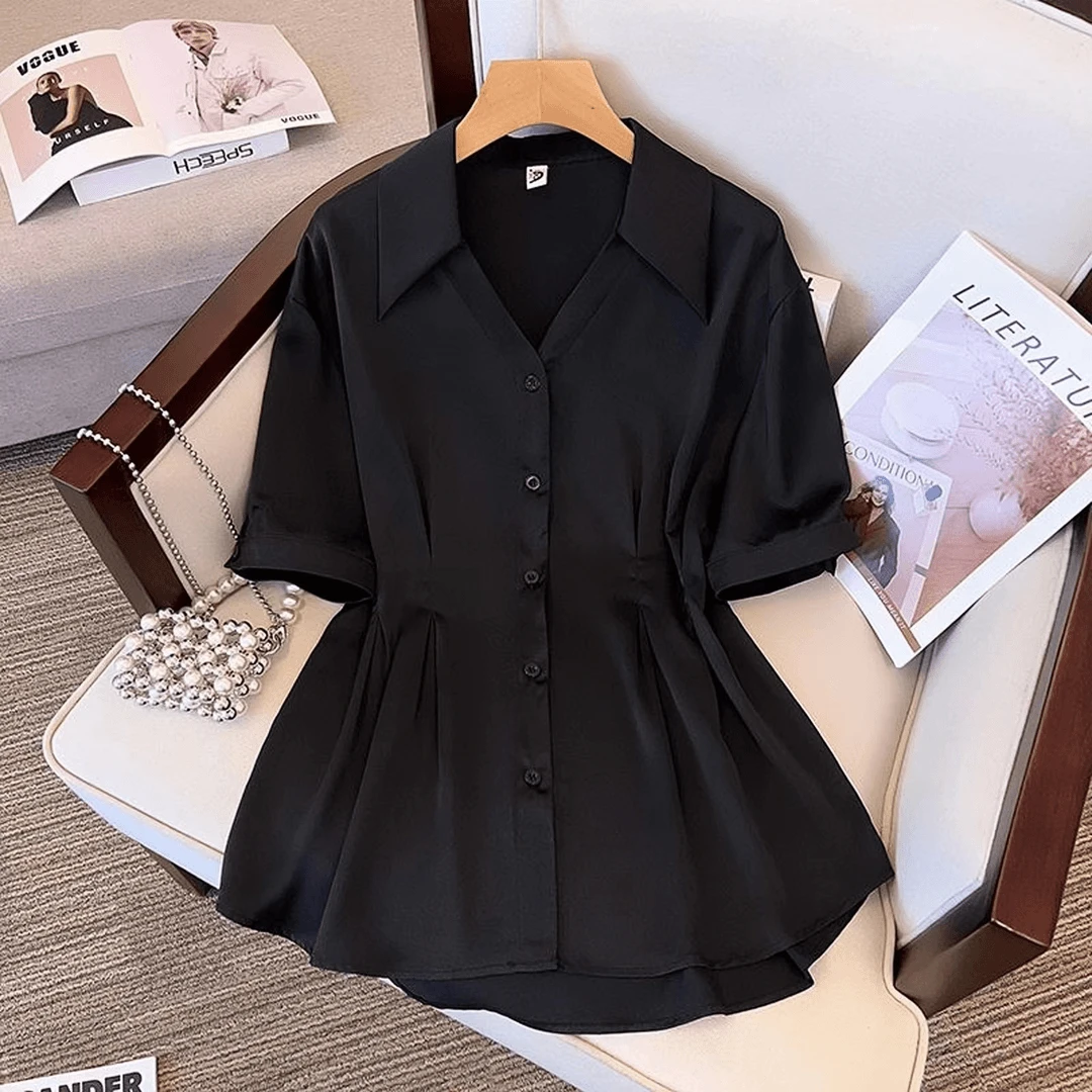 大码显瘦遮肚子收腰短袖衬衣时尚胖妹妹气质女装翻领新款夏季衬衫