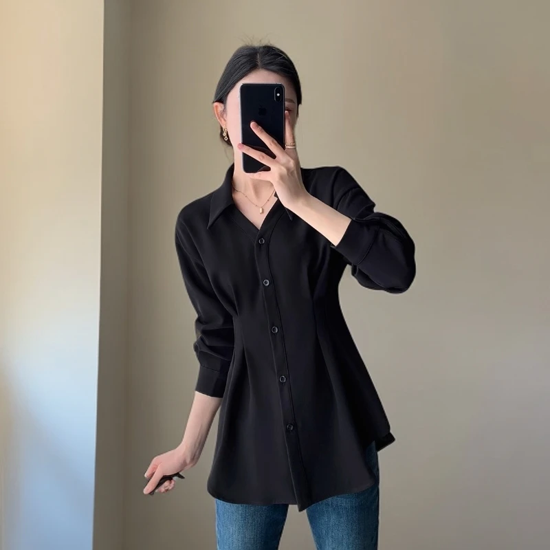 大码胖mm黑色衬衫女2025初秋新款收腰显瘦气质通勤百搭设计感上衣