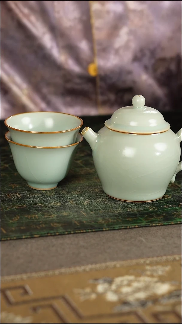 善窑厂汝窑天青壶+2杯套组
