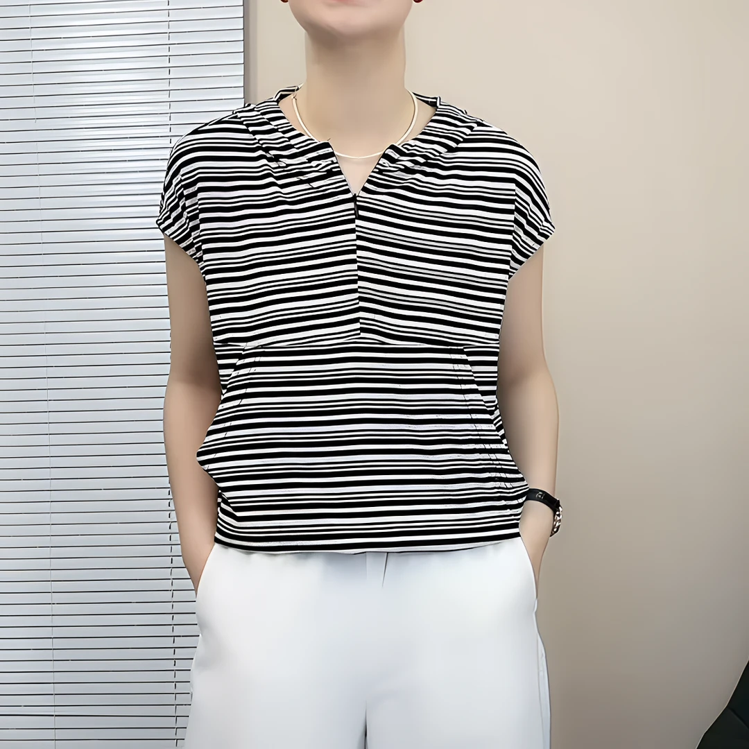 夏季清凉女T恤连帽短袖翻领条纹打底显瘦运动时尚连帽衫女装