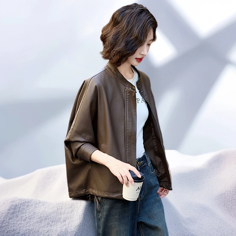 美拉德皮衣外套女2025新款春秋短款宽松休闲复古PU皮机车夹克上衣