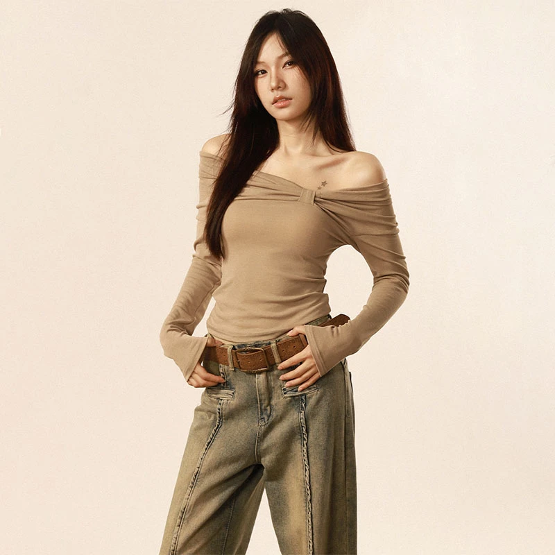 ROMORE 美式复古扭结设计露肩T恤女2025早春新款修身辣妹长袖上衣