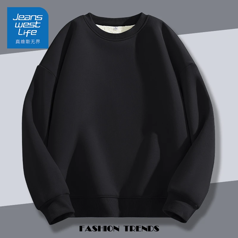 JEANSWEST LIFE/真维斯无界黑色羊羔绒圆领休闲卫衣百搭潮流加绒