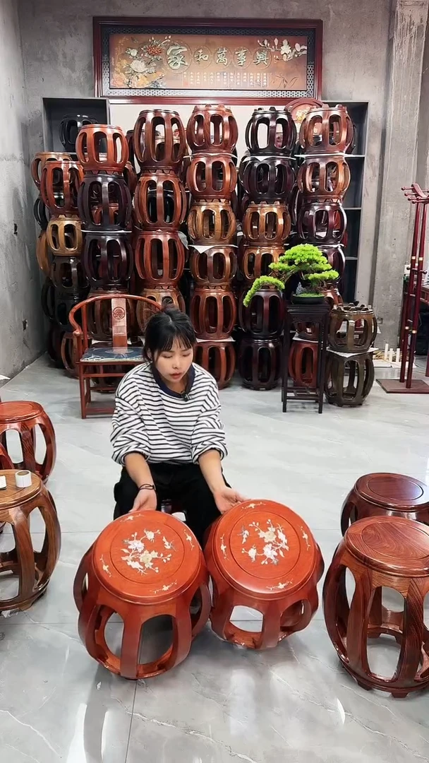 【闪购商品】花梨木类家具西非花梨色印花大号鼓凳一对