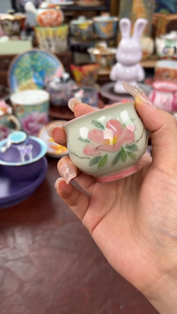 温记草木灰手绘海棠花客杯