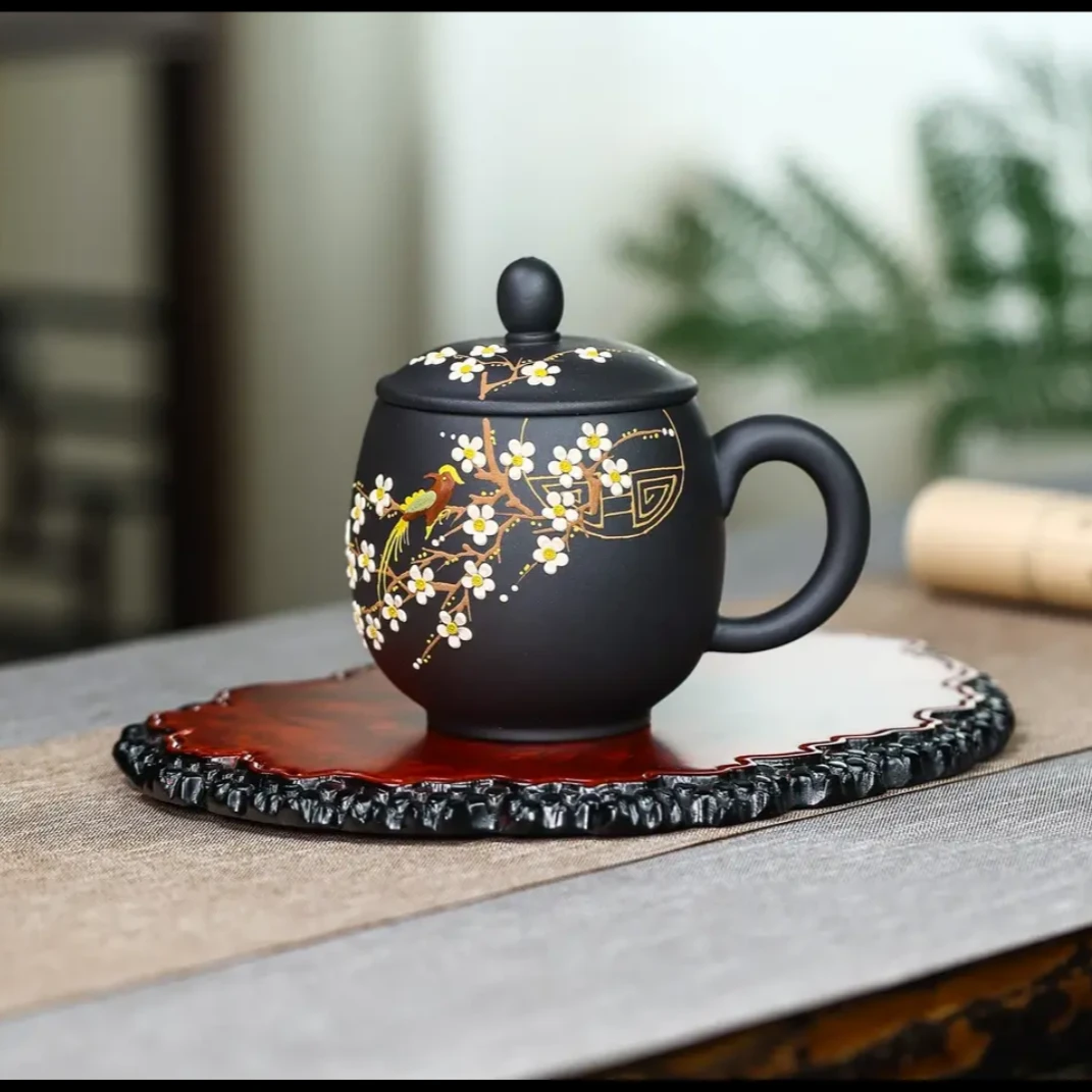 【盼盼紫砂-喜上眉梢】紫砂 石黄  泥绘  宜兴原矿紫砂大容量手工杯