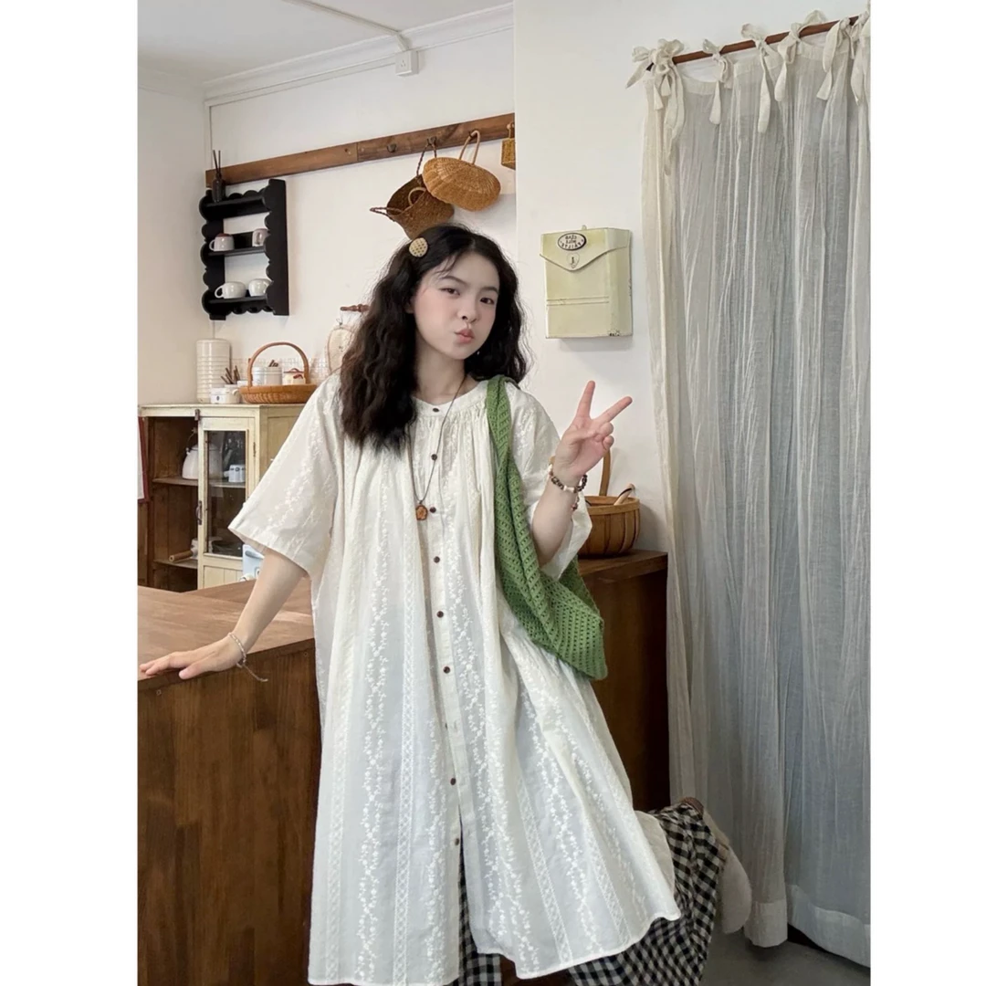 刺绣衬衫气质连衣裙女夏季2025新款休闲宽松显瘦中长款慵懒裙子潮