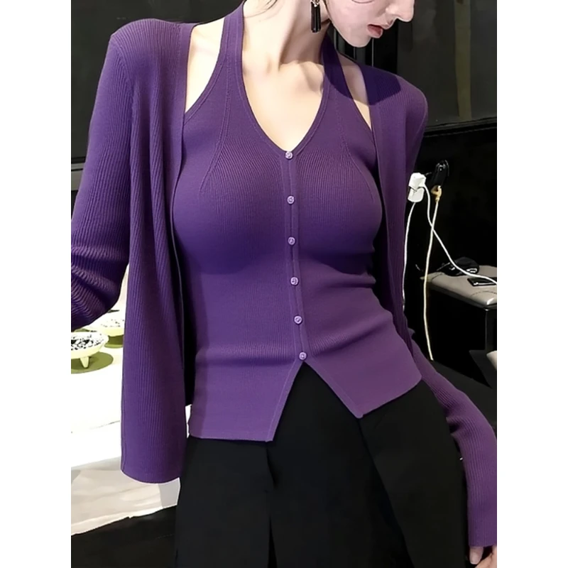 秋冬纯欲氛围感紫色针织开衫女设计感修身绝美挂脖吊带上衣两件套