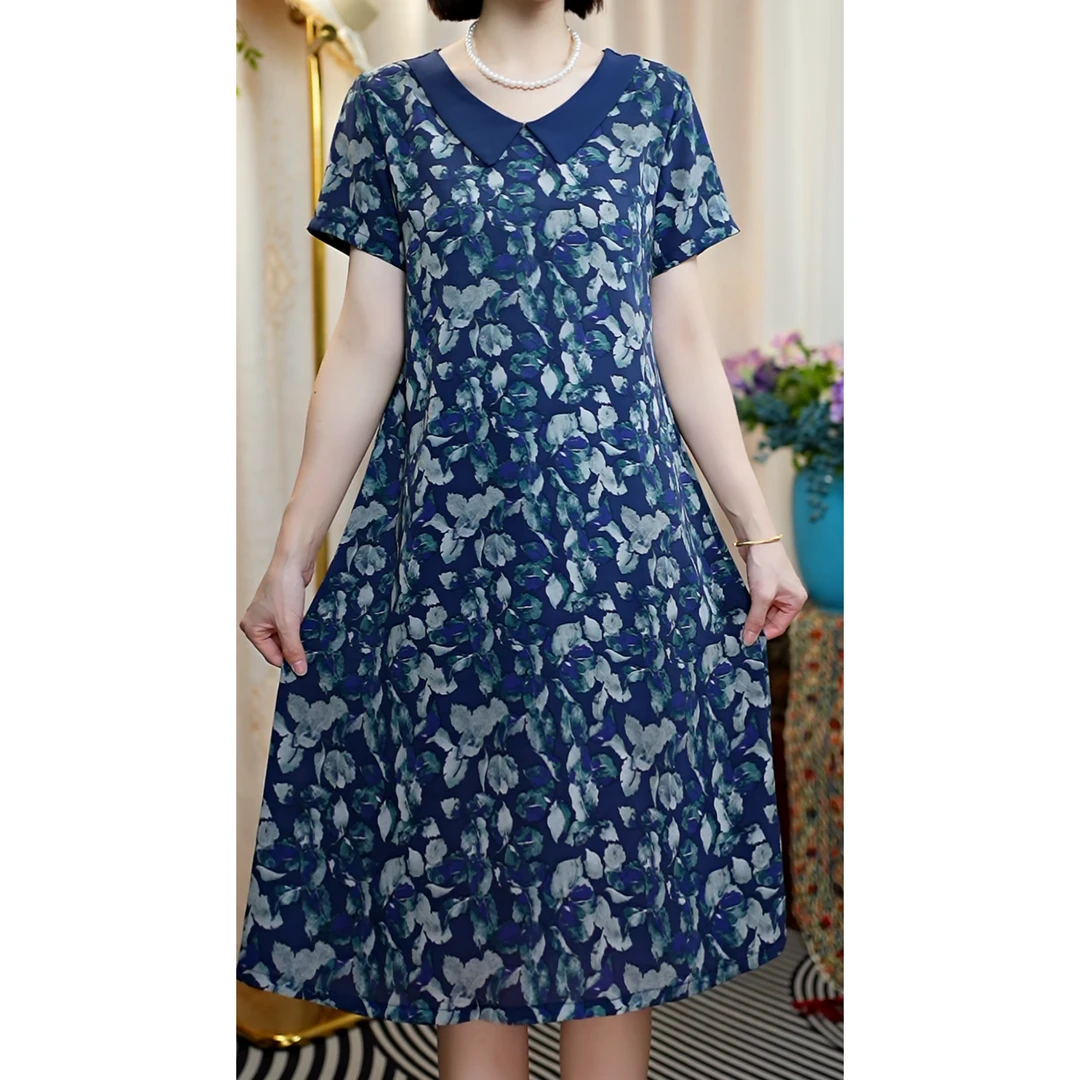 【D繁花娃娃领】夏中老年妈妈连衣裙薄款凉感短袖显瘦宽松透气舒适