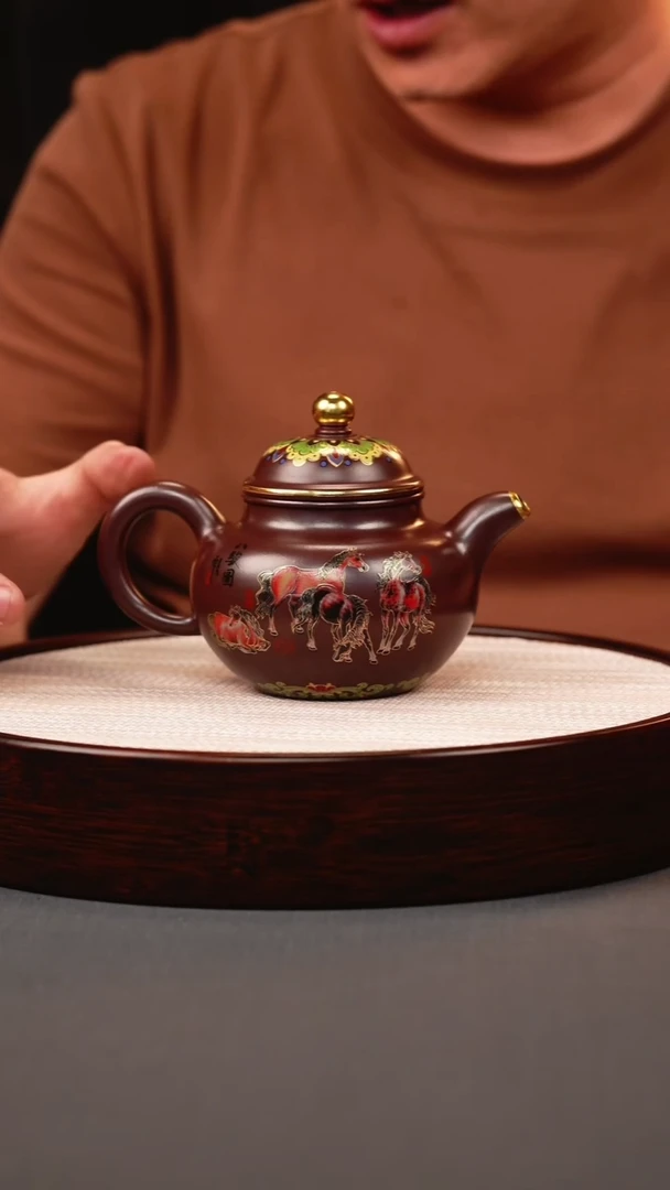 茶壶紫砂石红珐琅彩八骏掇球