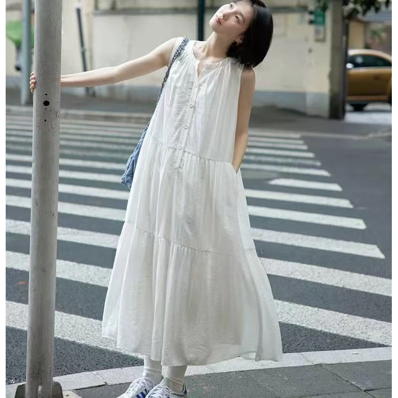 慵懒松弛感~1313夏季显瘦连衣裙肌理感背心裙长裙