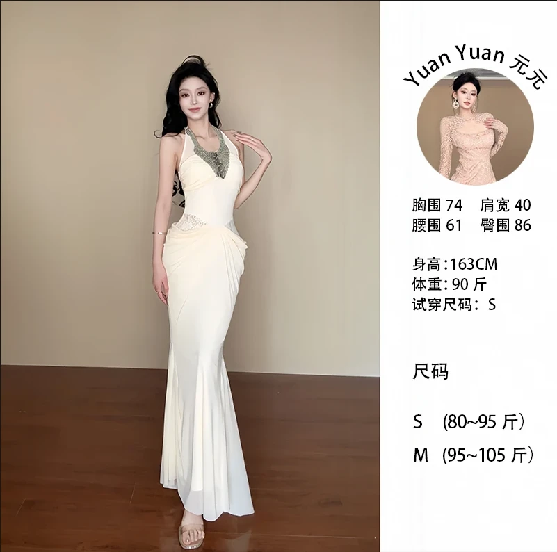 j2/F041【元元】夏季蕾丝拼接连衣裙重工钉珠挂脖连衣裙收腰包臀裙