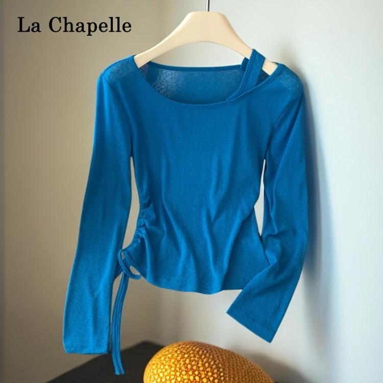 拉夏贝尔新款显瘦露肩洋气抽绳长袖打底衫秋冬季外穿内搭通勤T恤