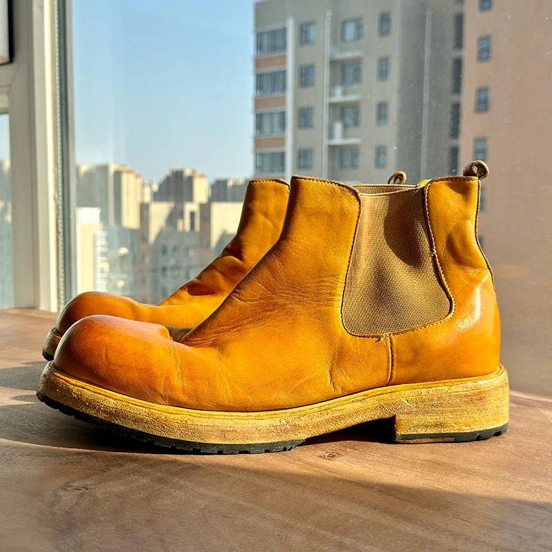 高端挪威缝切尔西靴男马皮水洗厚底手工缝制鞋套脚中帮复古大头靴
