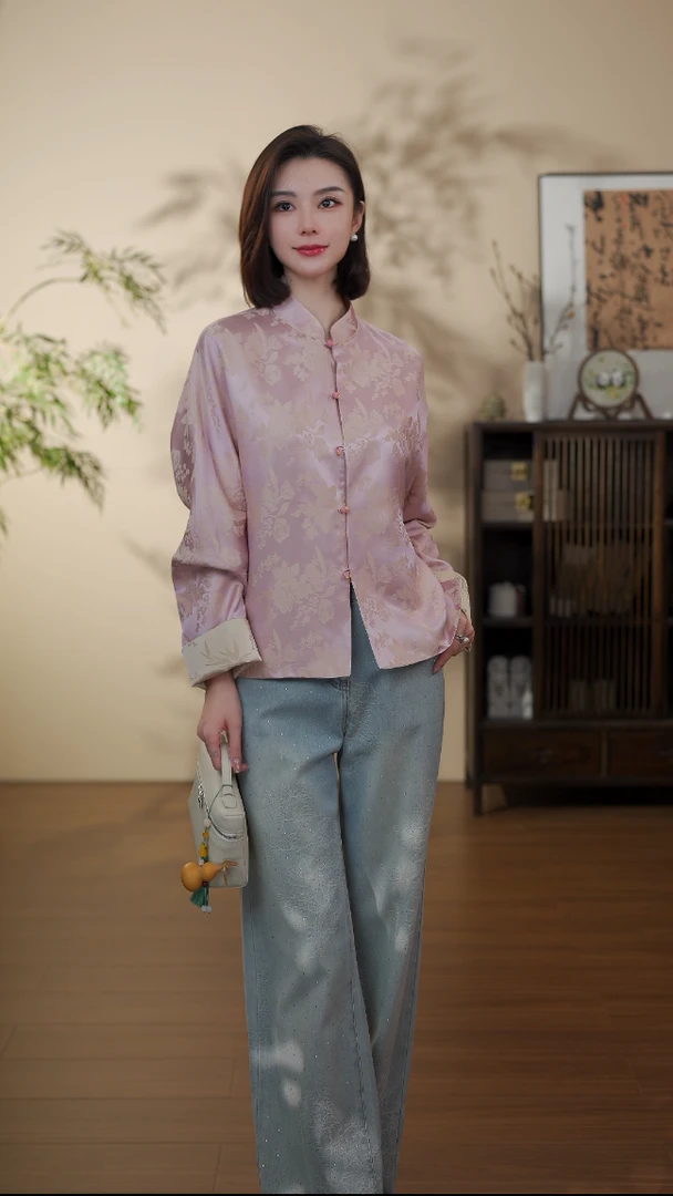 GONG QUE【芷桃】新中式早春款桑蚕丝对襟双面穿提花外套 242838