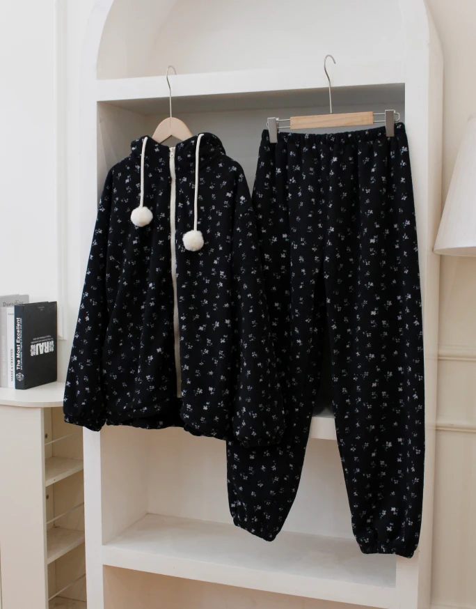 韩版高级黑珊瑚绒睡衣女秋冬季加厚加绒保暖法兰绒连帽长袖家居服