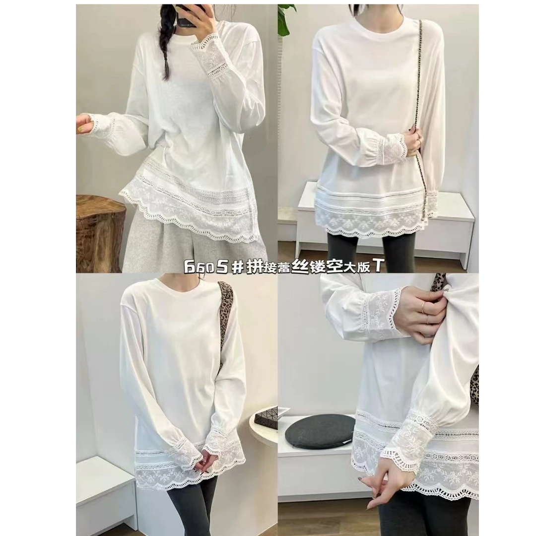 【春款】蕾丝下摆白色T恤长袖时尚休闲纯色圆领简约打底百搭256605