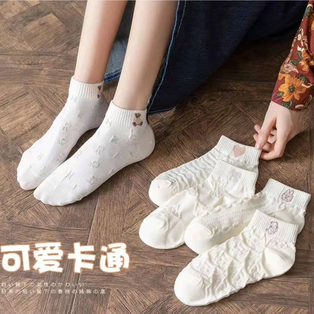 到手5双小熊袜子百搭ins可爱日系学生浅口透气袜
