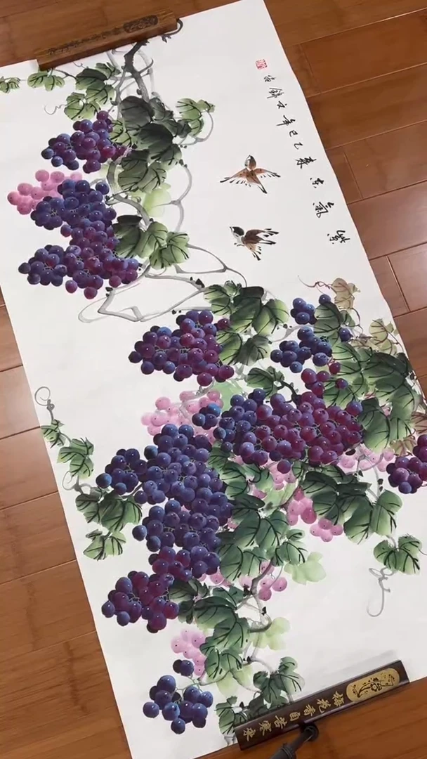 国画【福利，纯手工手绘】张文锦葡萄横幅138*68厘米