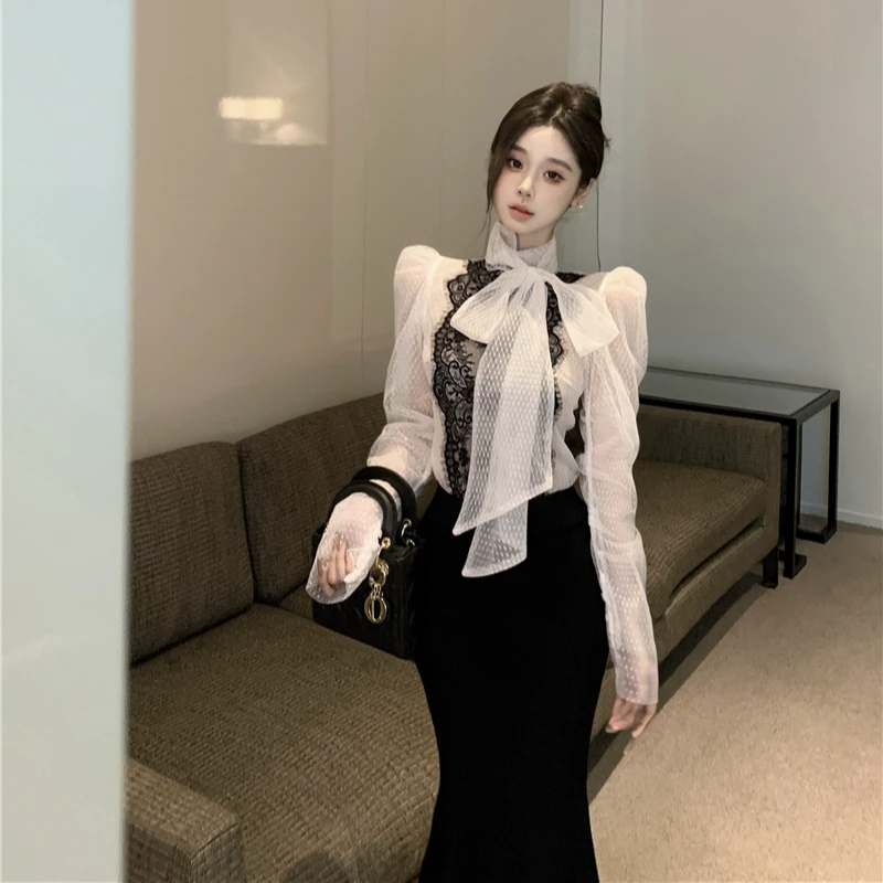 气质千金双层波点网格透视纱绑带领结设计女蕾丝衬衣女