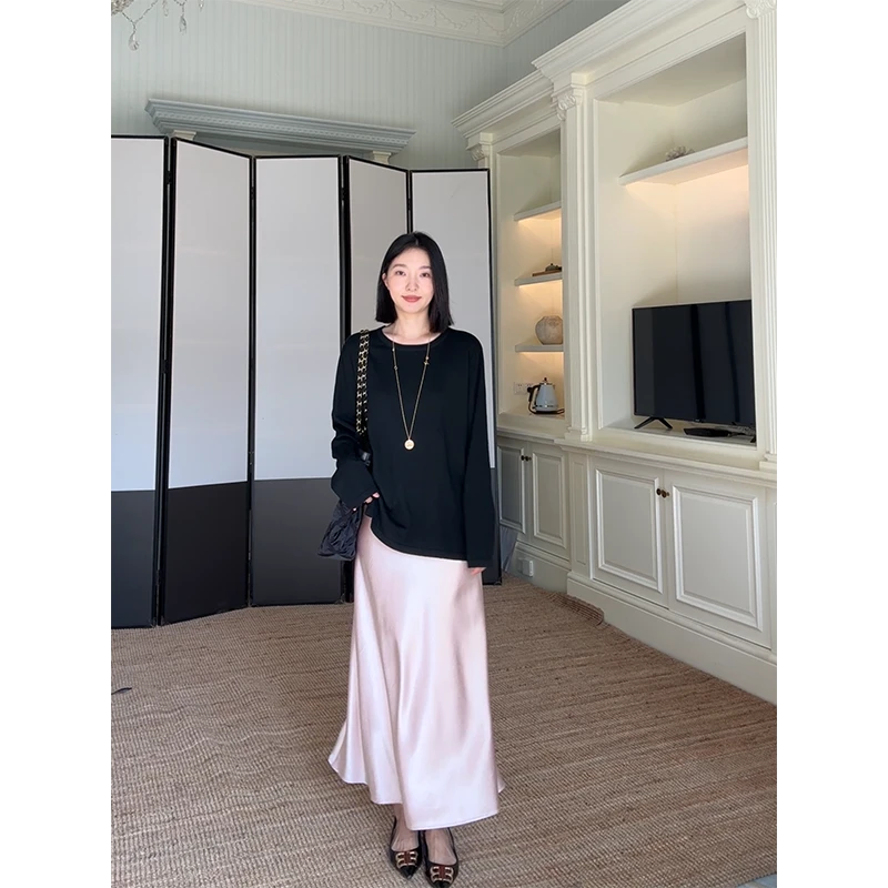 郭九九呢 羊毛简约百搭宽松显瘦针织衫粉缎面半身裙 G925A13944