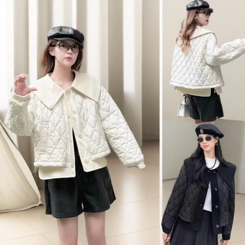 2025秋季新款娃娃领菱格拼接韩版棉服外套6198*
