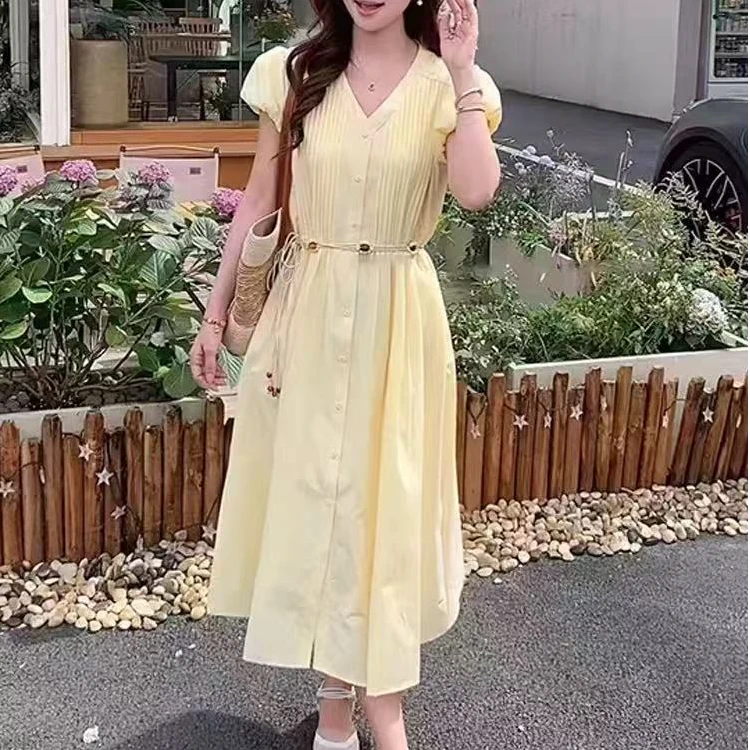 【锦衣服饰】WXNH 8892法式V领系带泡泡袖连衣裙