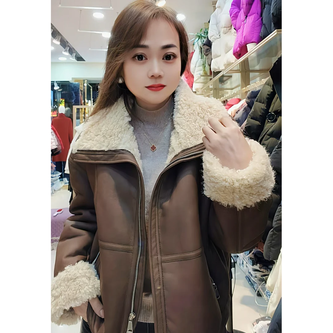 冬季法式高级感翻领羊羔毛皮毛一体加厚皮衣女士短外套L8118