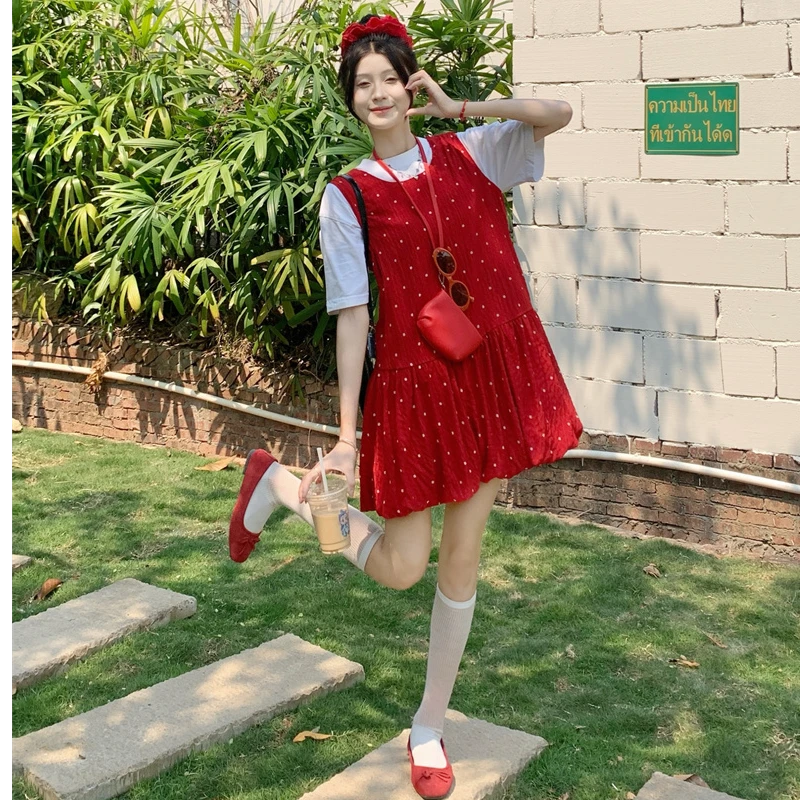 2025新款复古甜美花朵红色背心连衣裙