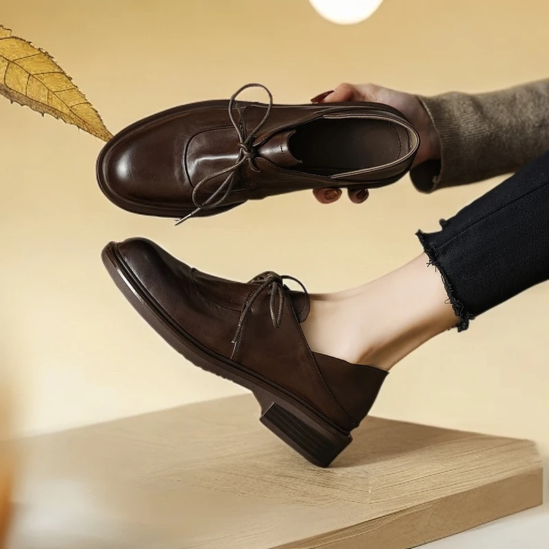 【跟高3.5公分】【尺码34-40】新款真皮复古百搭系带圆头粗跟乐福女鞋