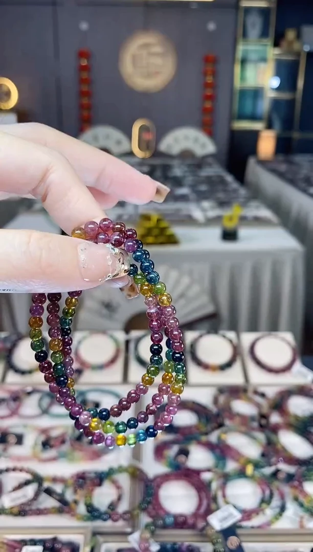 未镶嵌老矿碧玺色标彩虹三圈手串4mm+碧玺dan多样性发货一条