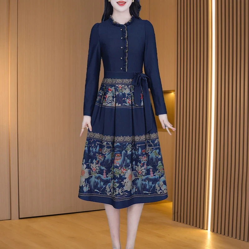 拉夏贝尔新中式连衣裙女春秋2025新款长袖高档十三行爆款马面裙子