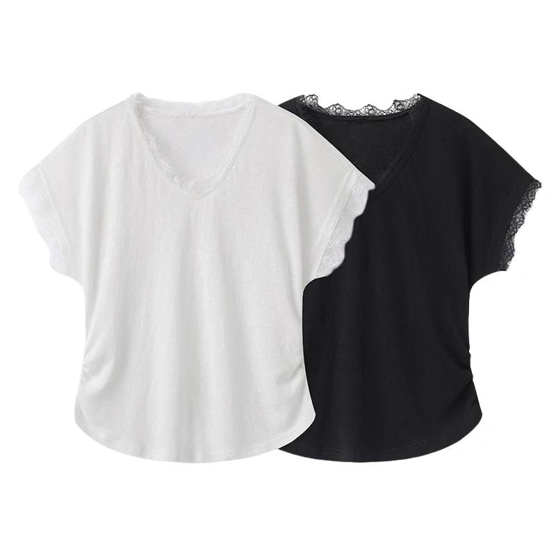 胖妹妹夏季大码韩系新款纯色V领蕾丝边宽松显瘦飞飞袖短袖T恤女装