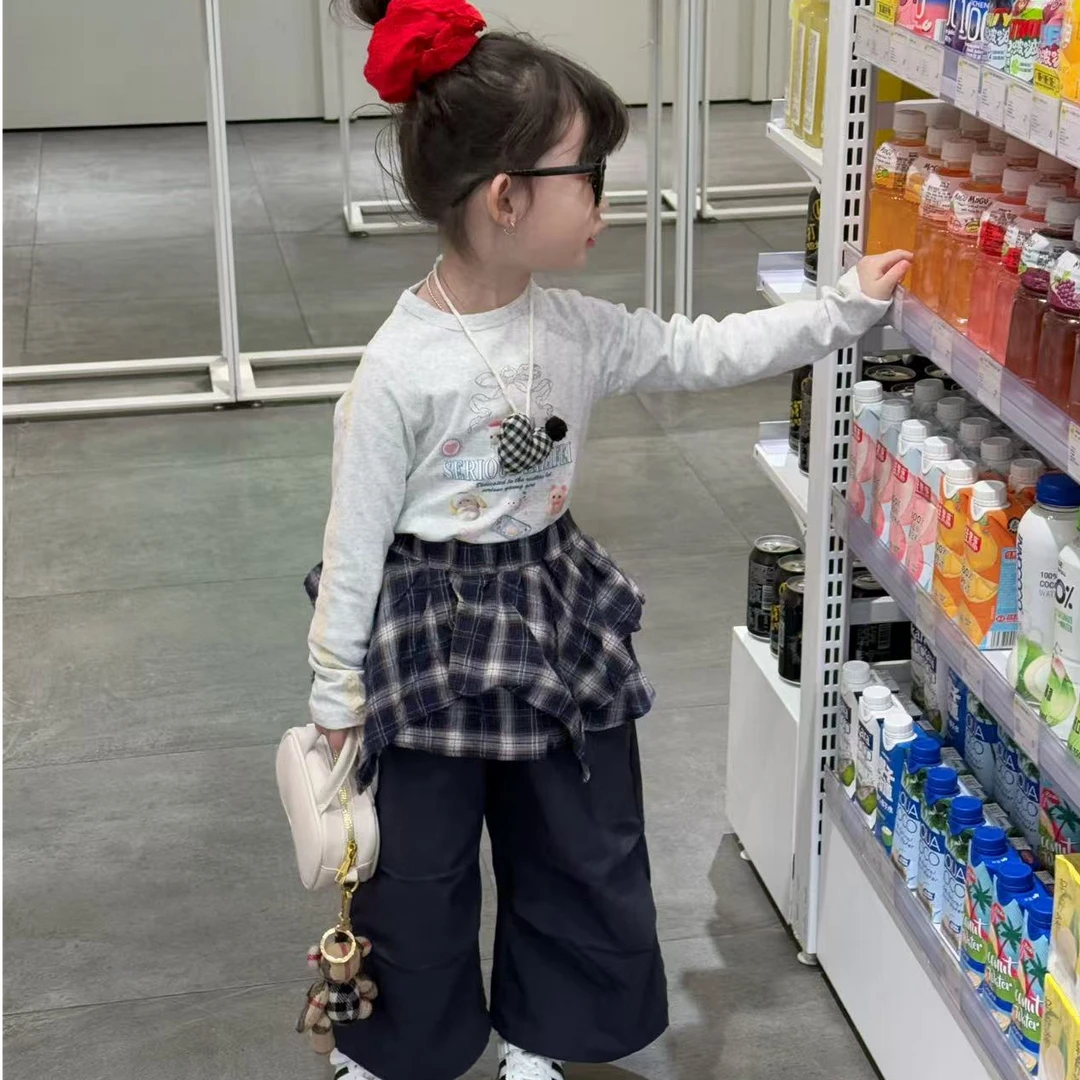 2025女童春季美式格纹拼接高腰工装裤欧美风宽松裤子简约T恤套装