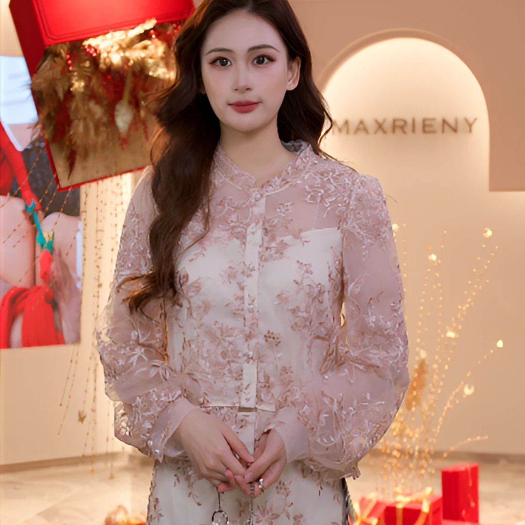 MAXRIENY精致优雅感蕾丝雪纺衫25秋新款修身显瘦绣花欧若精灵风