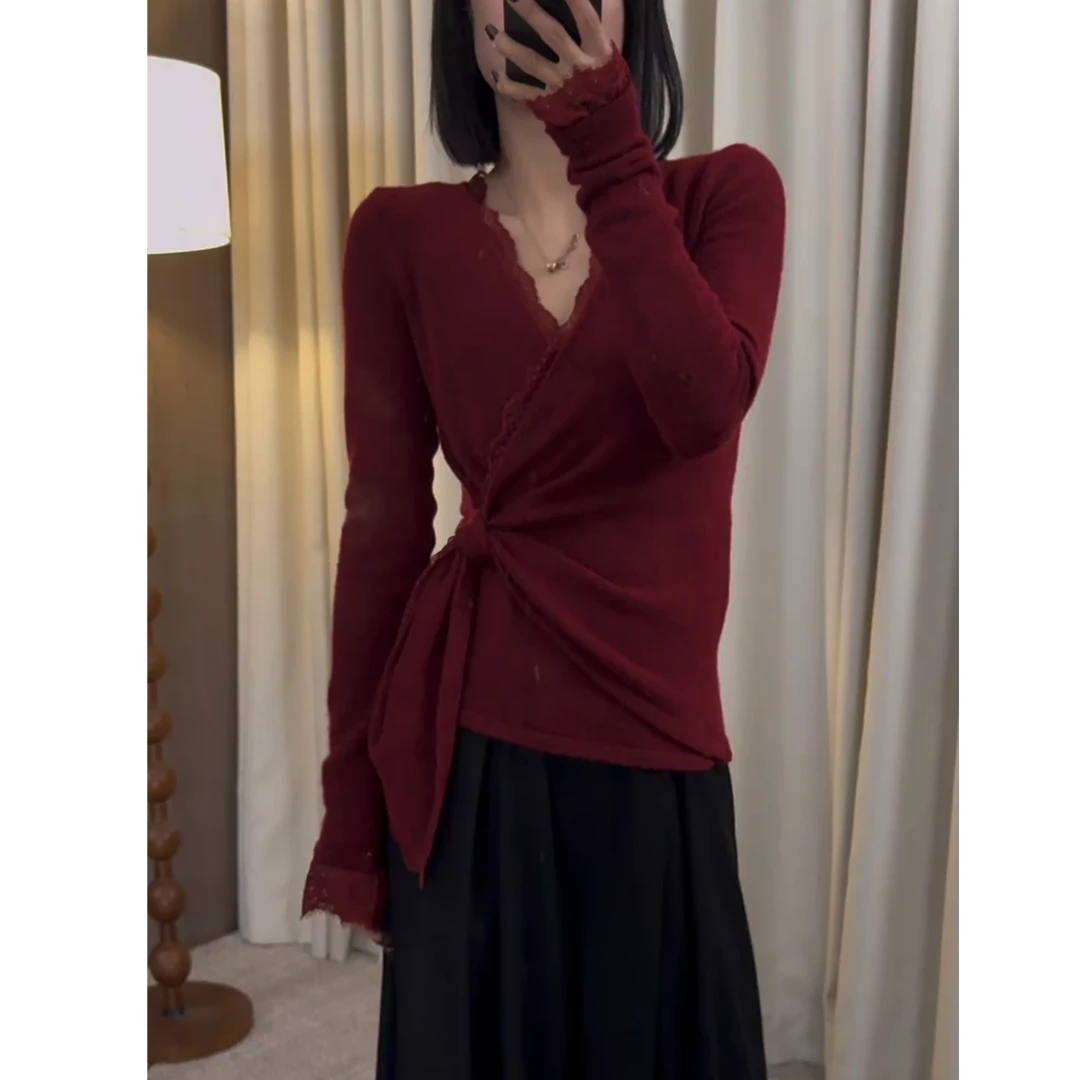 【NO退NO换】3529斯拉夫蕾丝绑带针织开衫女气质小众法式毛衣秋冬