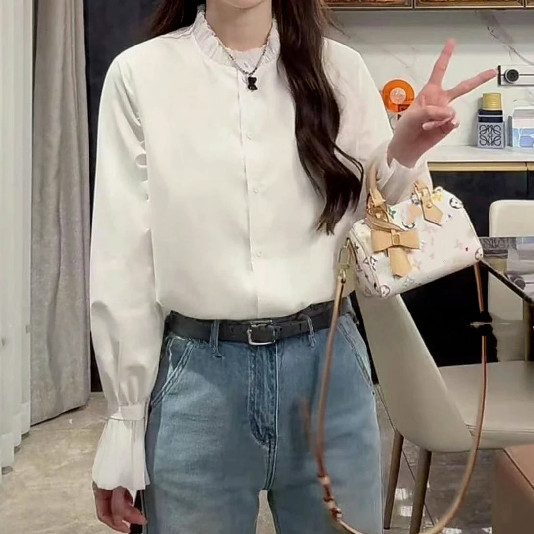 设计精致木耳边领荷叶袖百搭衬衫女2025春款不透亲肤不易皱白衬衣
