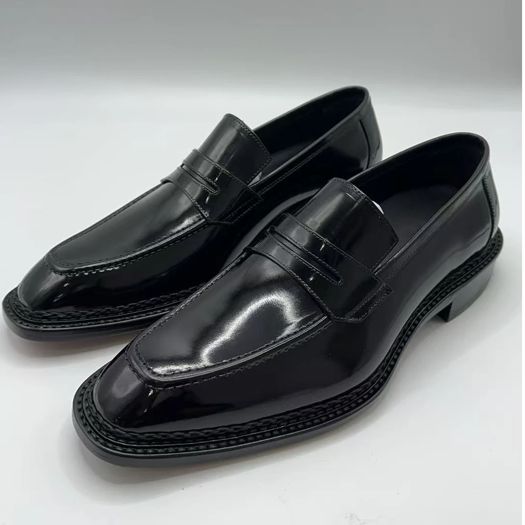 【Bujan】意大利进口小牛皮挪威四线一脚蹬乐福商务休闲黑色真皮底