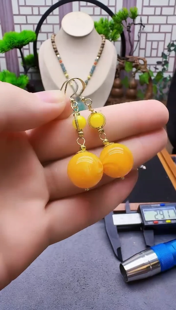 蜜蜡14K金镶嵌耳饰E155