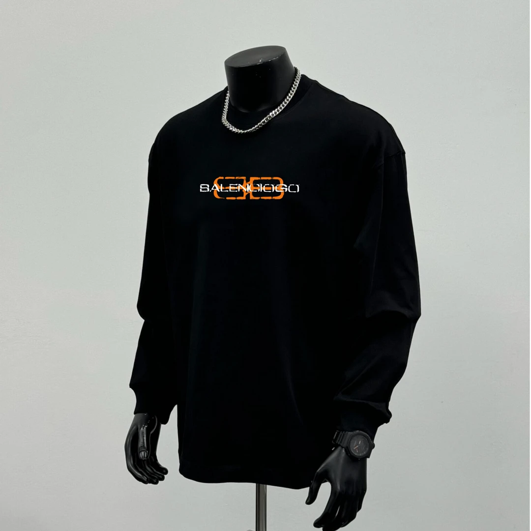 冬季新款重磅纯棉长袖印花双B英文残缺宽松休闲打底衫男士长袖t恤