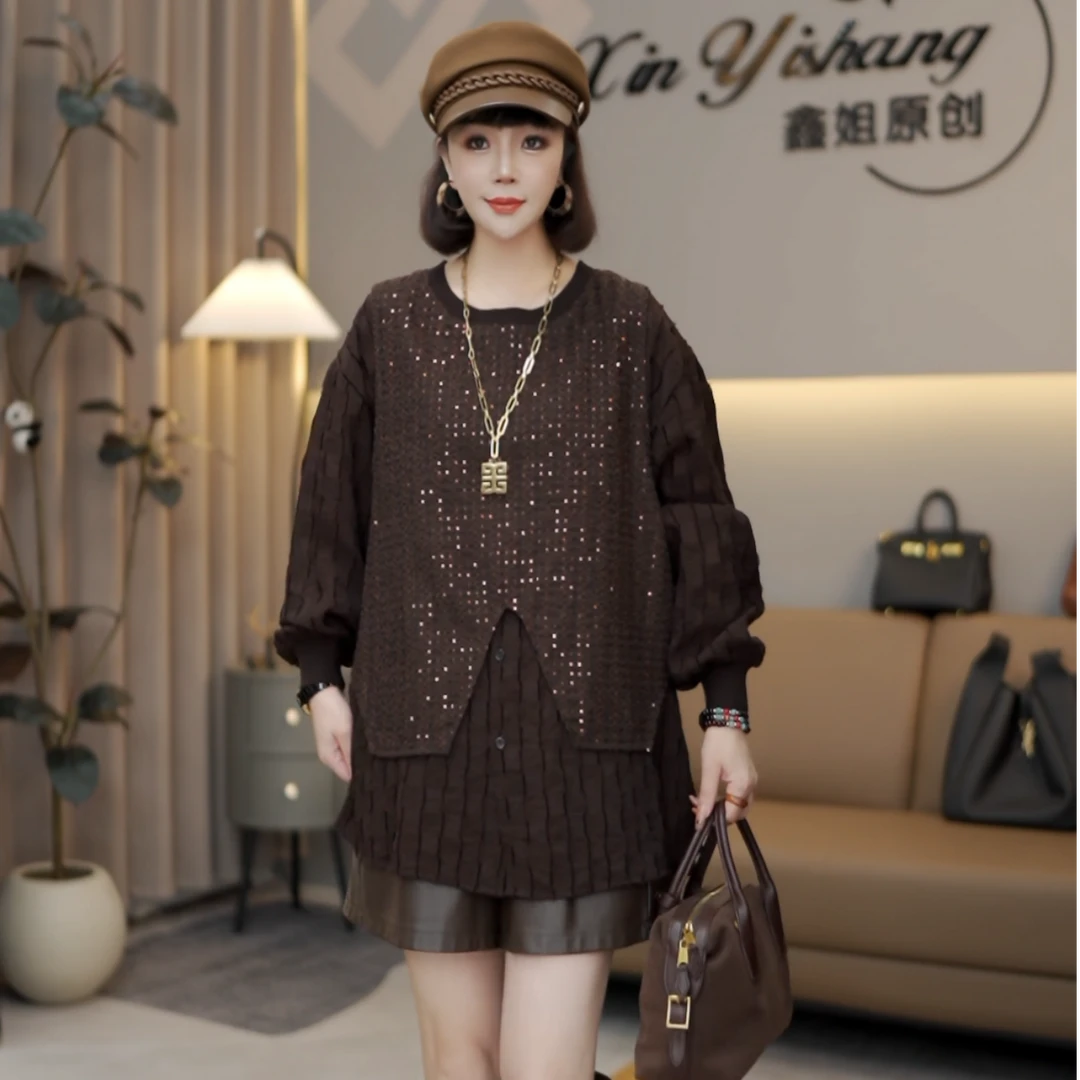 XX&【韩版假两件亮片上衣】XX826359#2025秋季时尚百搭亮片上衣