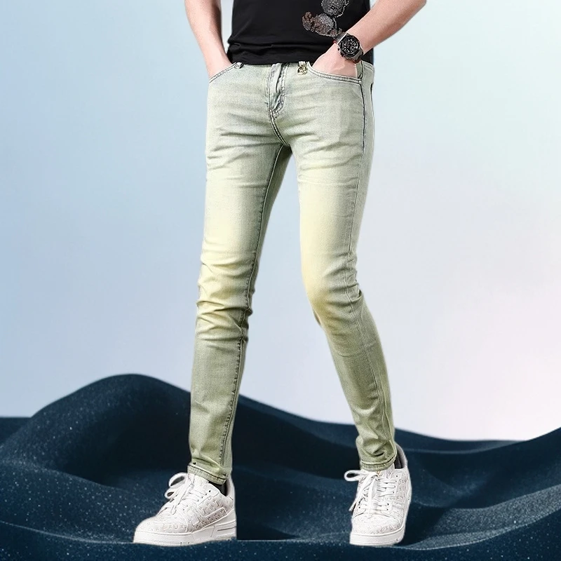 巴赛娜缇夏季百搭薄款修身牛仔裤男潮流休闲弹力小脚裤子男士长裤
