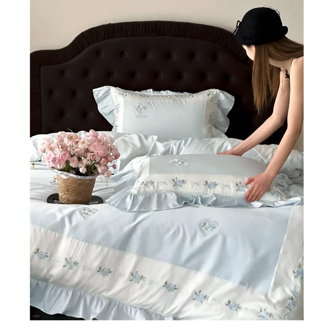 轻闲 | 恬谧 全棉CR工艺精密刺绣+韩系荷叶边四件套床品