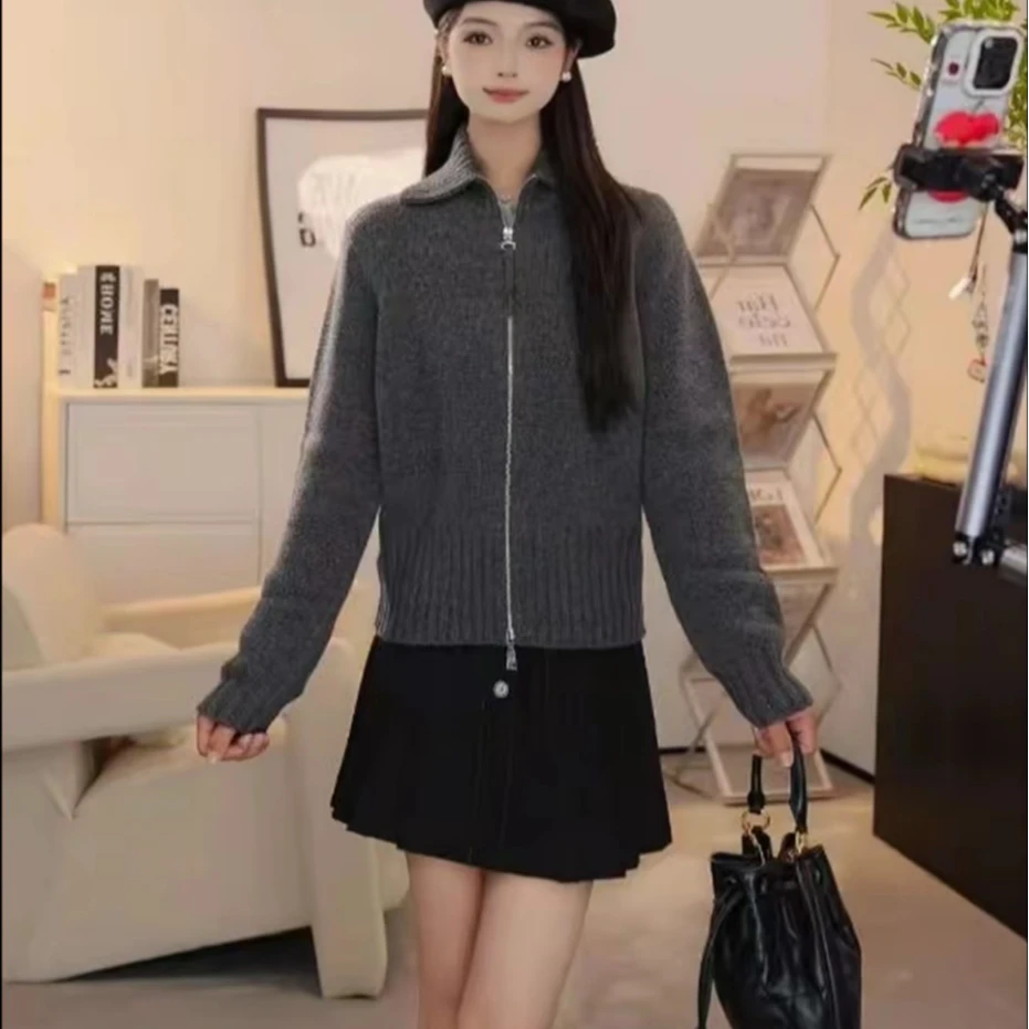 哥弟秋冬新款时尚百搭纯色长袖翻领毛针织衫开衫女148040