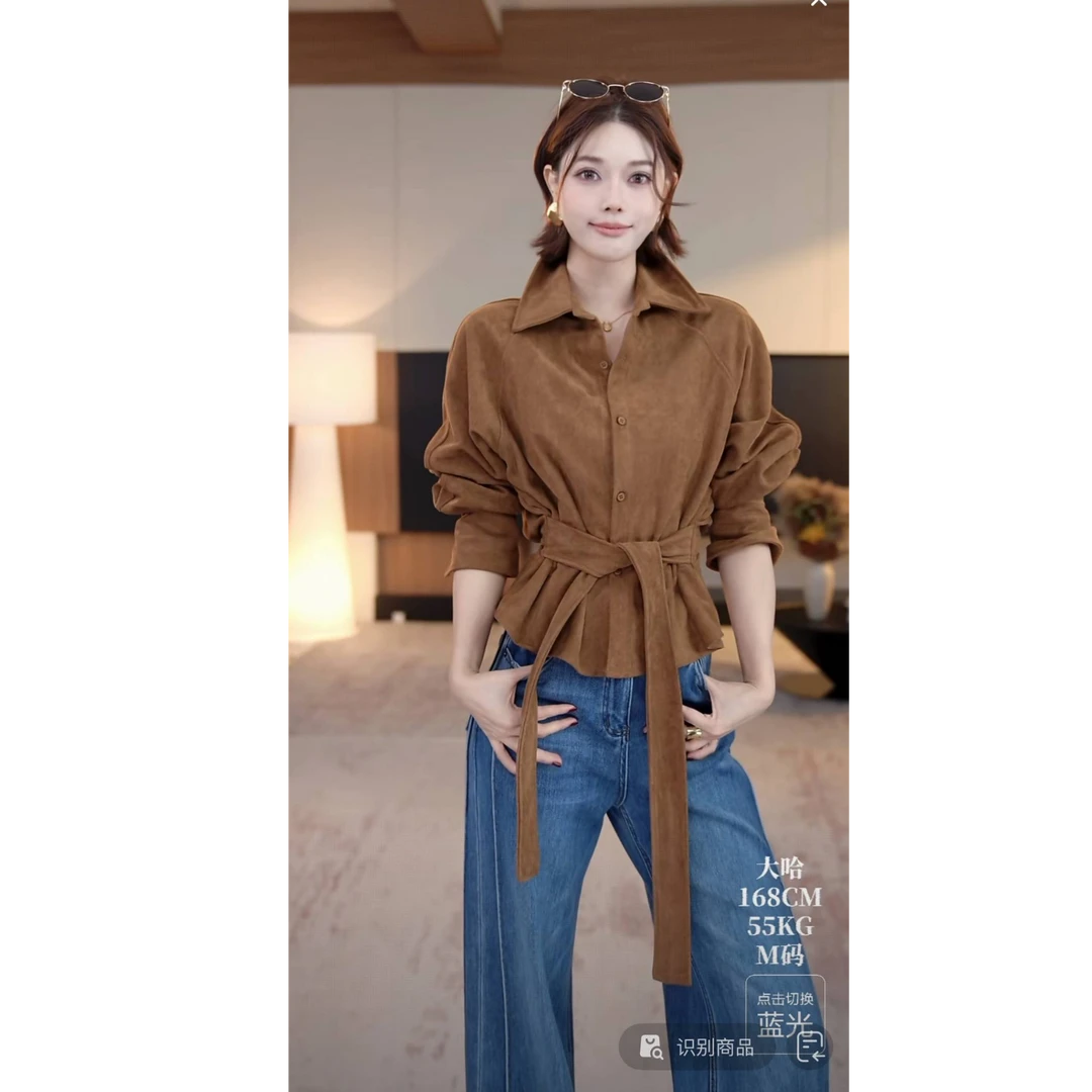 DENGDAHA「时髦吸睛」法式优雅风 衬衫绑带收腰长袖上衣HBZXW918514