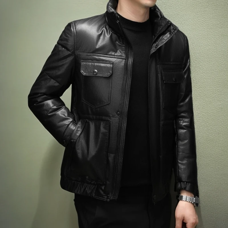 劲莱高端头层牛皮男士2025新款立领皮衣羽绒服真皮外套短款潮冬季